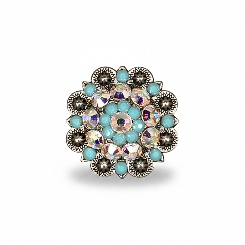 Antique Silver Turquoise - AB Crystal Conchos | Sizes 1"- 3" | Buckles | Saddle Set | Leather Rosettes | Slide — view 2
