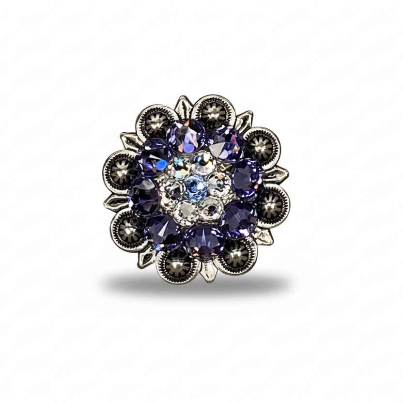 Antique Silver Light Sapphire - Clear - Lilac Crystal Conchos | Sizes 1"- 3" | Buckles | Saddle Set | Leather Rosettes