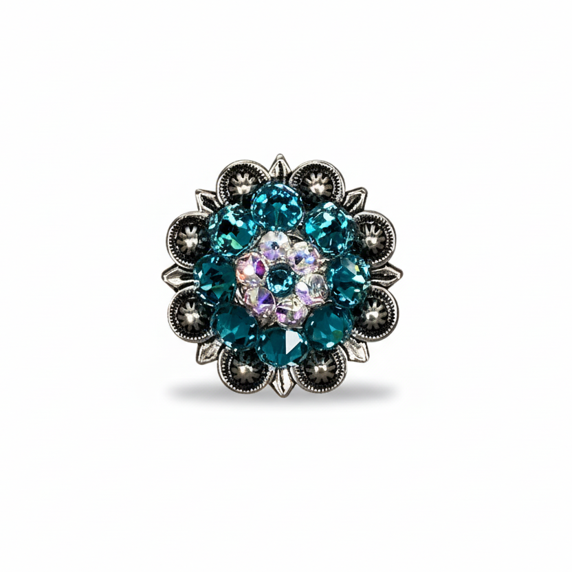 Antique Silver Teal - AB Crystal Conchos | Sizes 1"- 3" | Buckles | Saddle Set | Leather Rosettes | Slide — view 4