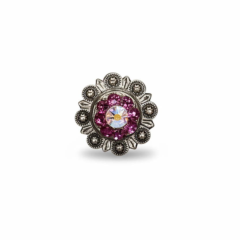 Antique Silver Fuchsia - AB Crystal Conchos | Sizes 1"- 3" | Buckles | Saddle Set | Leather Rosettes | Slide — view 3