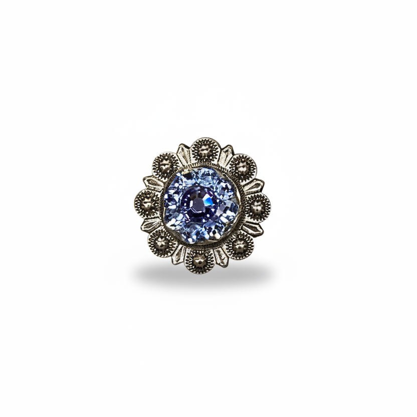 Antique Silver Light Sapphire - Clear - Lilac Crystal Conchos | Sizes 1"- 3" | Buckles | Saddle Set | Leather Rosettes