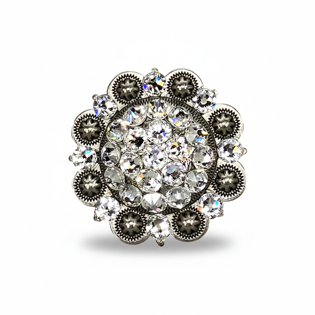 Antique Silver Clear Crystal Conchos | Sizes 1"- 3" | Buckles | Saddle Set | Leather Rosettes | Slide — view 5