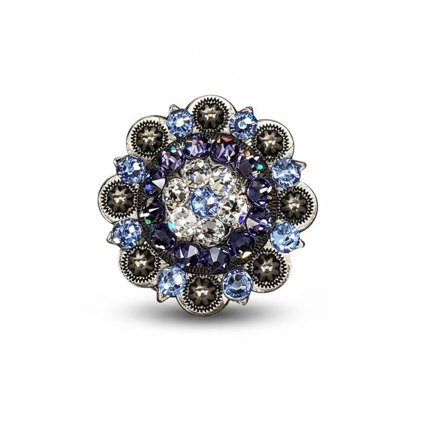 Antique Silver Light Sapphire - Clear - Lilac Crystal Conchos | Sizes 1"- 3" | Buckles | Saddle Set | Leather Rosettes