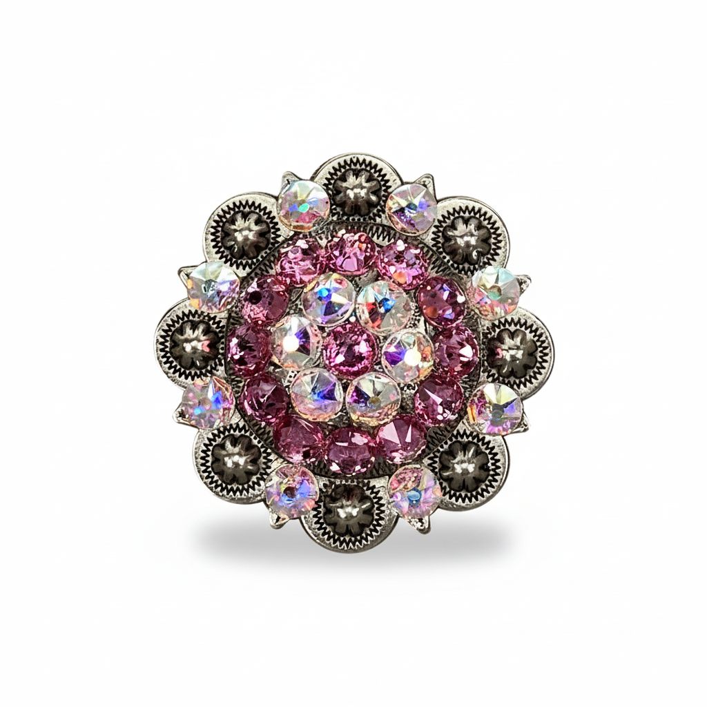 Antique Silver Pink - AB Crystal Conchos | Sizes 1"- 3" | Buckles | Saddle Set | Leather Rosettes | Slide — view 5