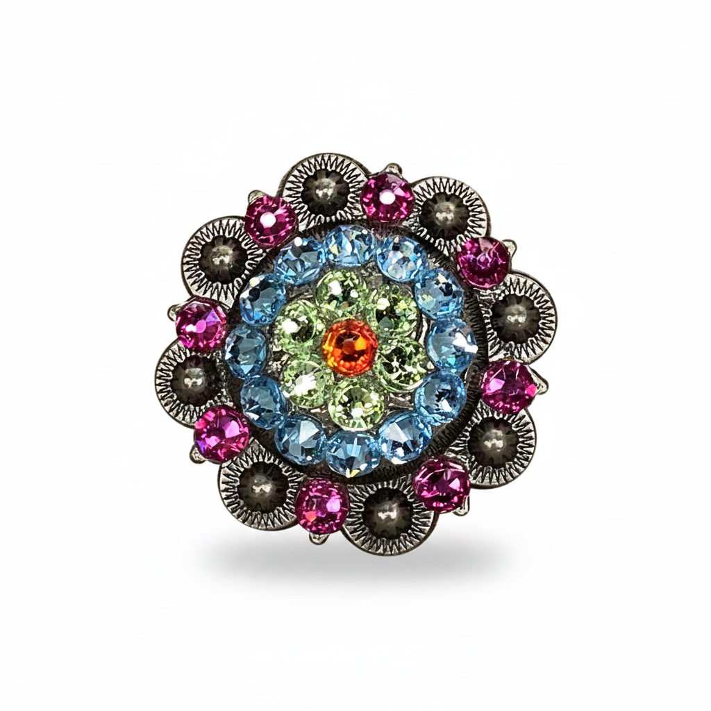 Antique Silver Tie Dye Crystal Conchos | Sizes 1"- 3" | Buckles | Saddle Set | Leather Rosettes | Slide — view 5