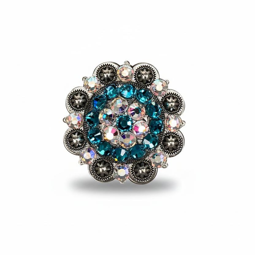 Antique Silver Teal - AB Crystal Conchos | Sizes 1"- 3" | Buckles | Saddle Set | Leather Rosettes | Slide — view 5