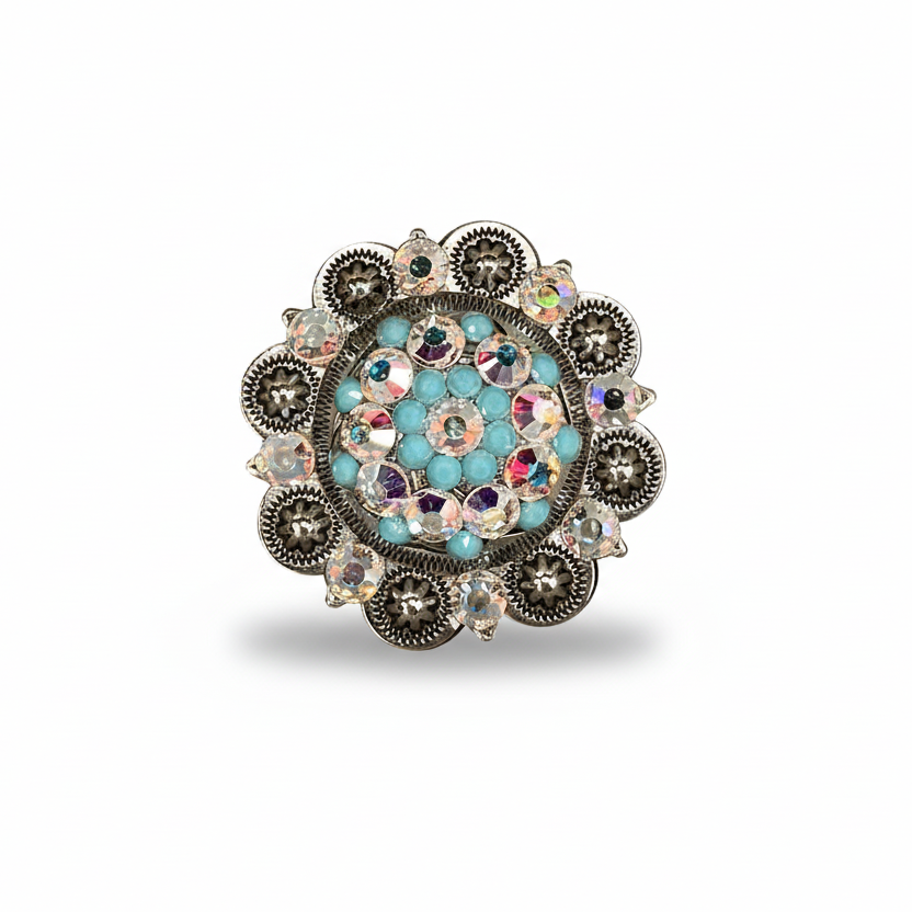 Antique Silver Turquoise - AB Crystal Conchos | Sizes 1"- 3" | Buckles | Saddle Set | Leather Rosettes | Slide — view 5