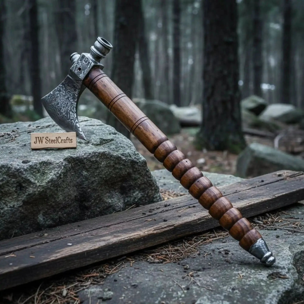 Hand Forged Damascus Smoking Axe with Ringed Hardwood Handle and Leather Sheath | JW SteelCrafts