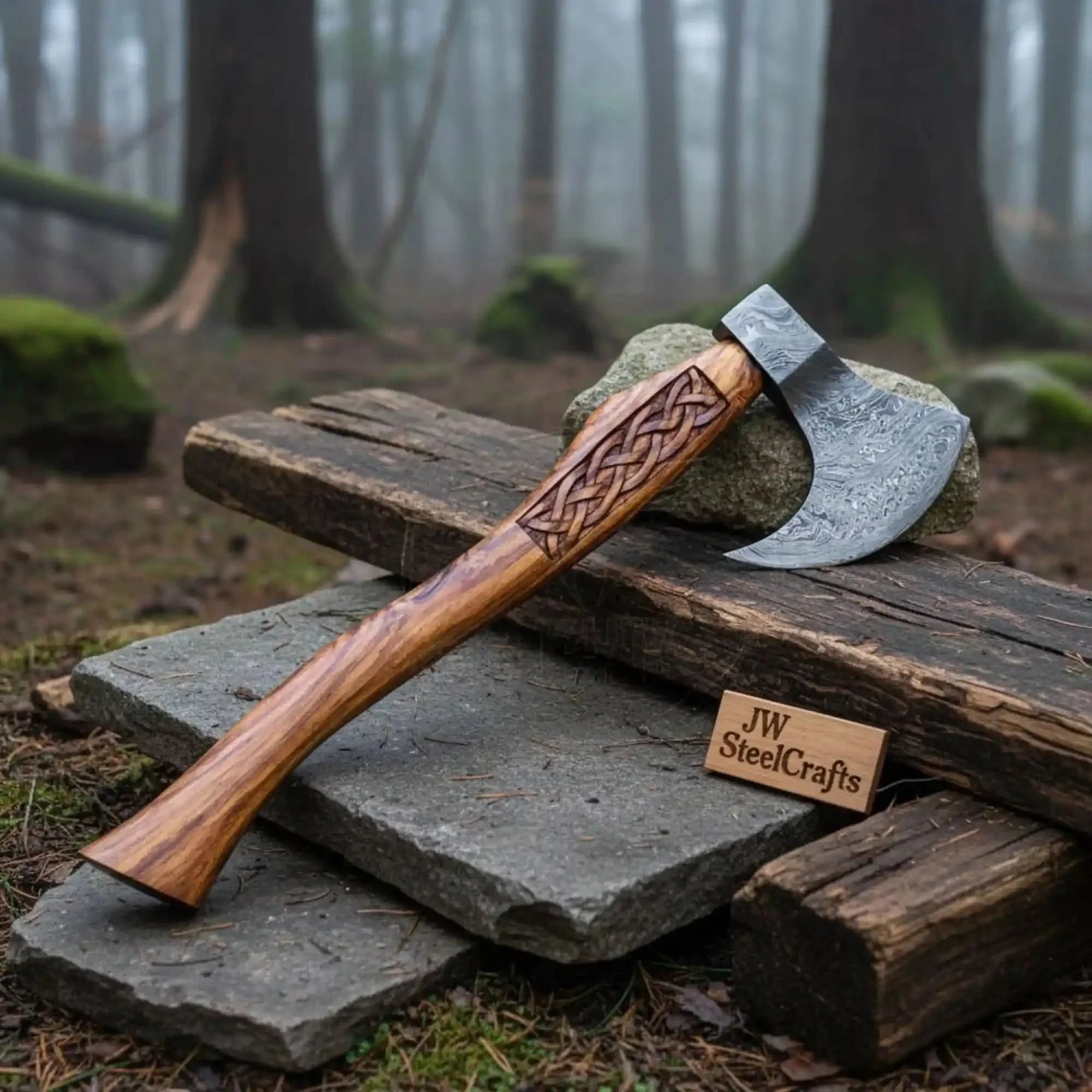 Fellmark Steel Camp Axe with Carved Nordic Knotwork Rosewood Handle