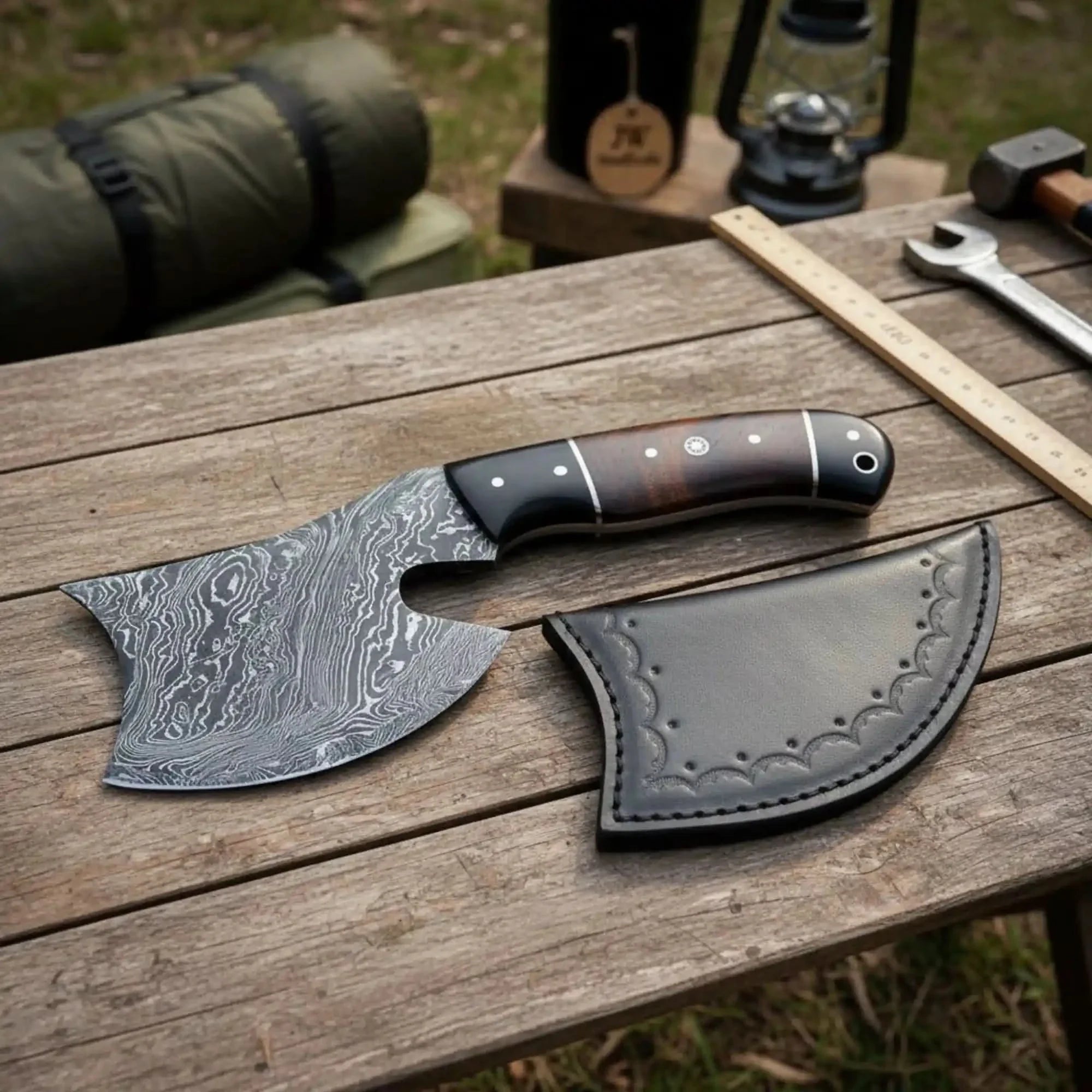 Kaelwyn Damascus Cleaver Hatchet with Layered Wood Scales
