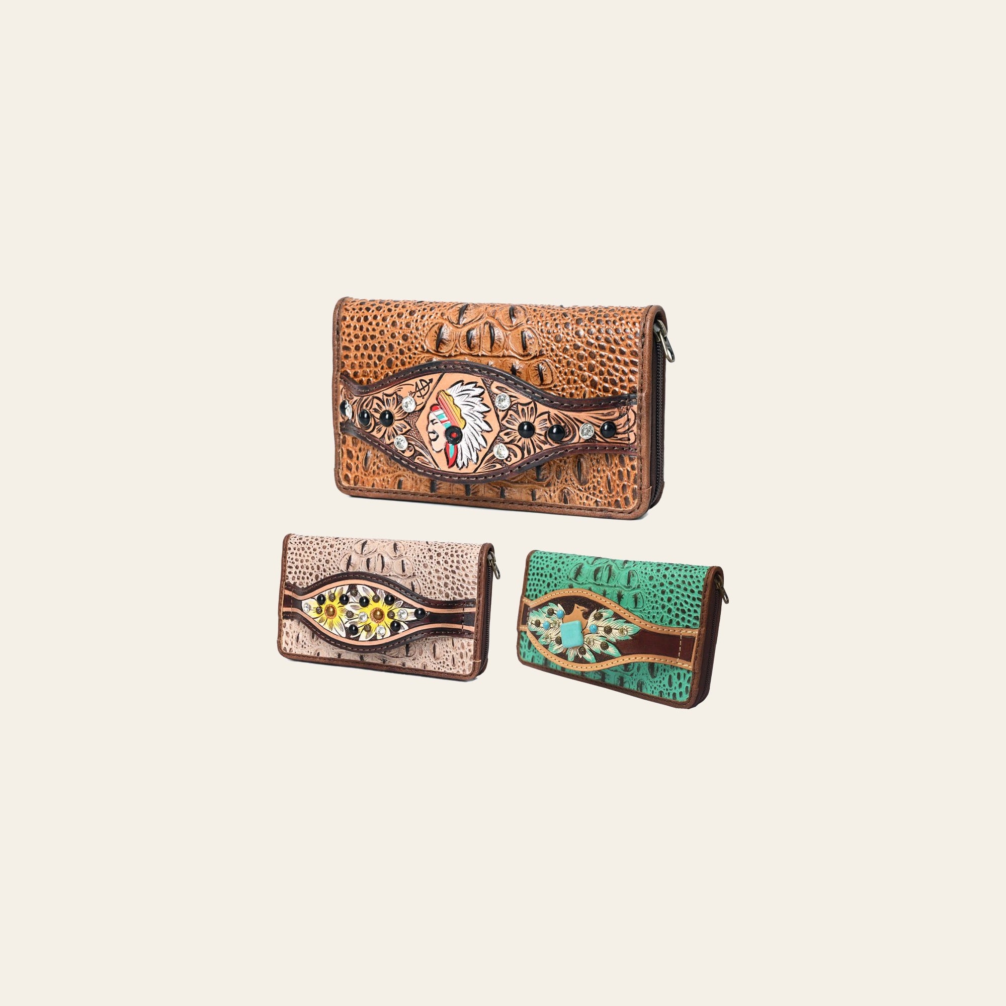 American Darling Clutch Hand Tooled Crocodile Embossed Genuine Leather