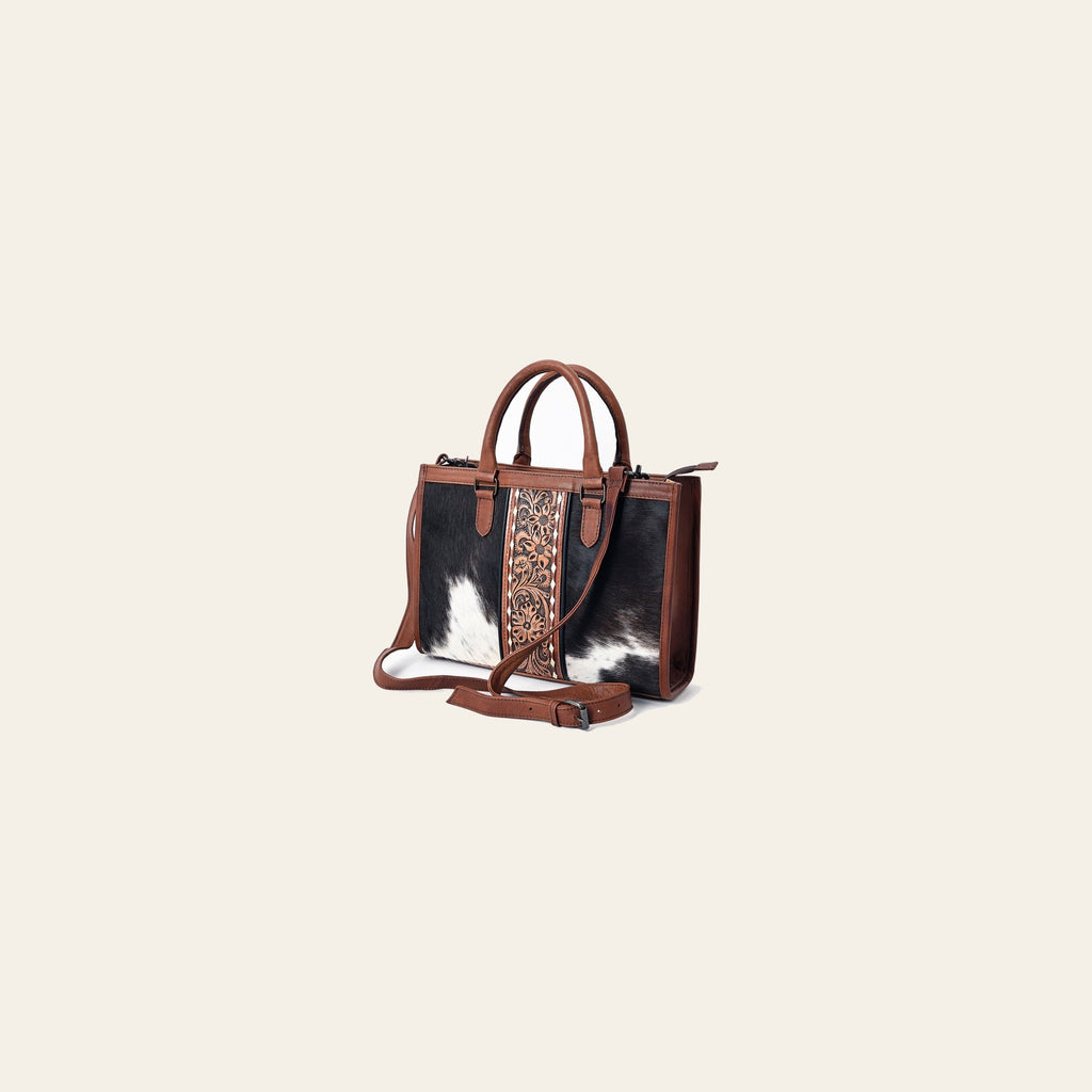 American Darling Hair-on Cowhide Tote Bag – Genuine Leather Western Purse with Hand-Tooled Floral Panel, Dual Handles, and Adjustable Strap