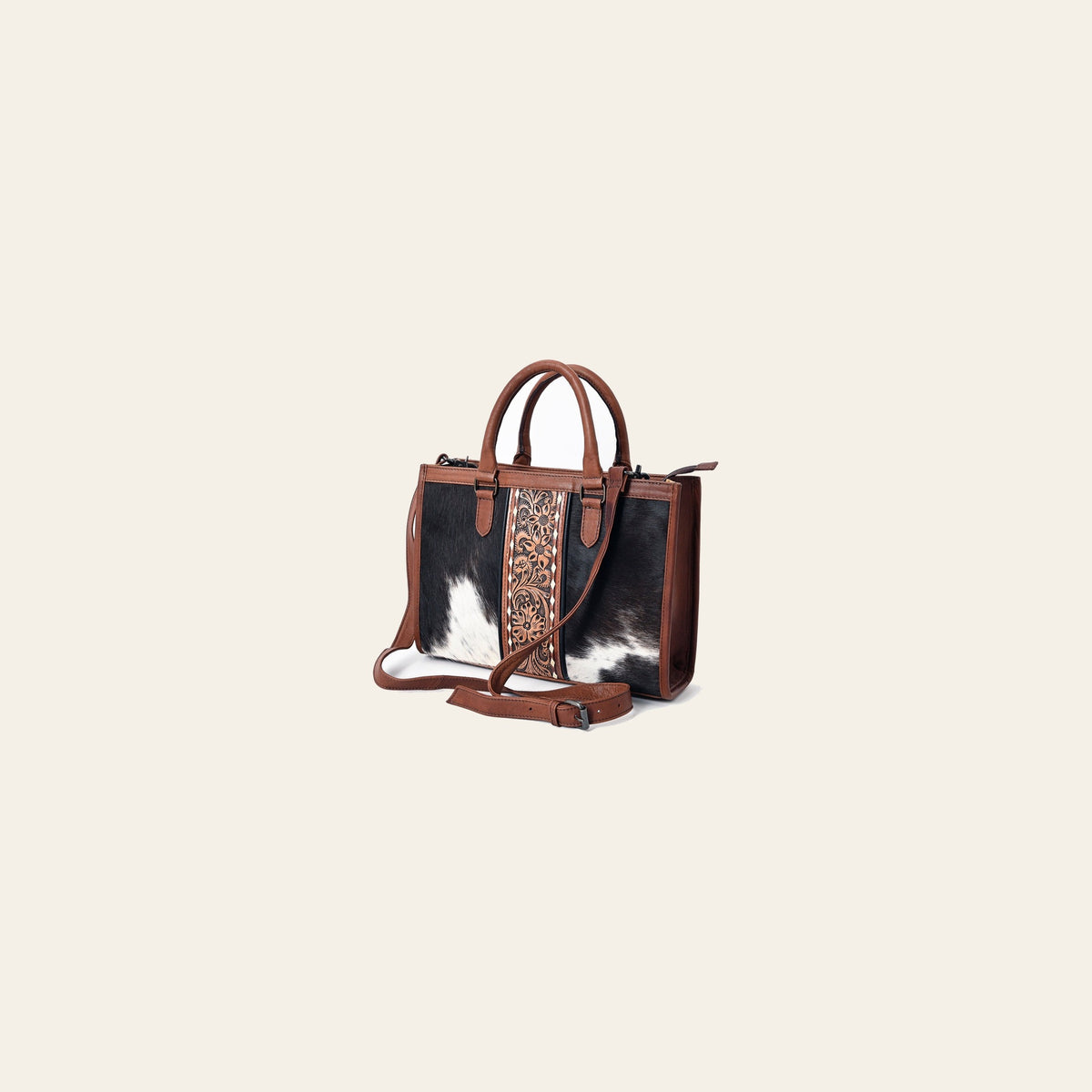 American Darling Hair-on Cowhide Tote Bag – Genuine Leather Western Purse with Hand-Tooled Floral Panel, Dual Handles, and Adjustable Strap
