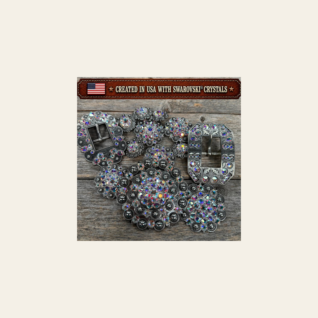 Antique Silver AB Crystal Conchos | Sizes 1"- 3" | Buckles | Saddle Set | Leather Rosettes | Slide on a warm cream background