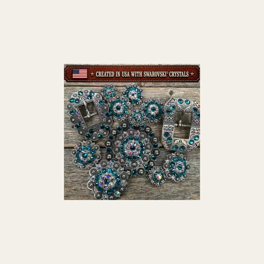 Antique Silver Teal - AB Crystal Conchos | Sizes 1"- 3" | Buckles | Saddle Set | Leather Rosettes | Slide on a warm cream background