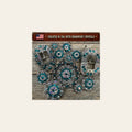Antique Silver Teal - AB Crystal Conchos | Sizes 1"- 3" | Buckles | Saddle Set | Leather Rosettes | Slide on a warm cream background