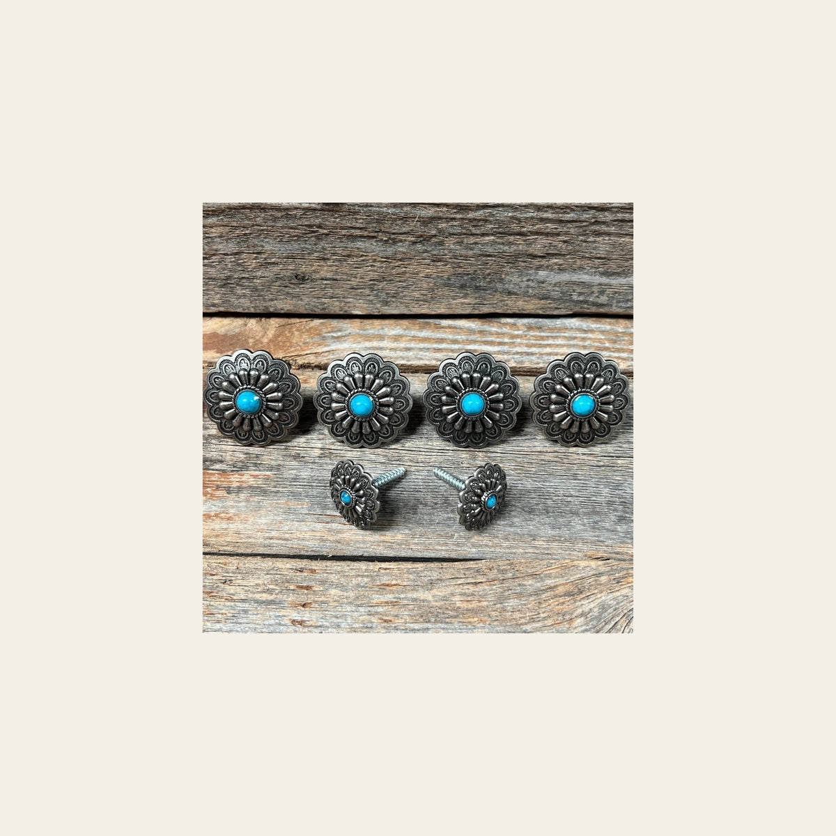 Antique Silver Turquoise Saddle Set SSW203 on a warm cream background