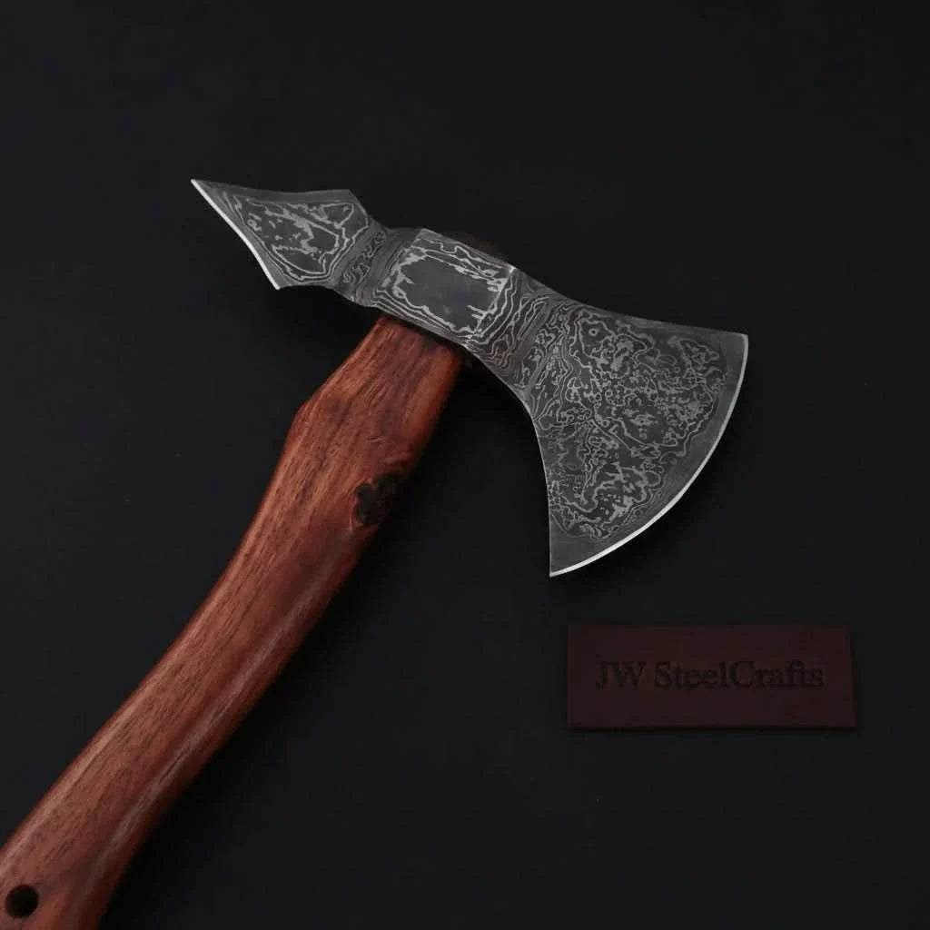 Double-Bit Damascus Axe Head with Rear Spike Variant