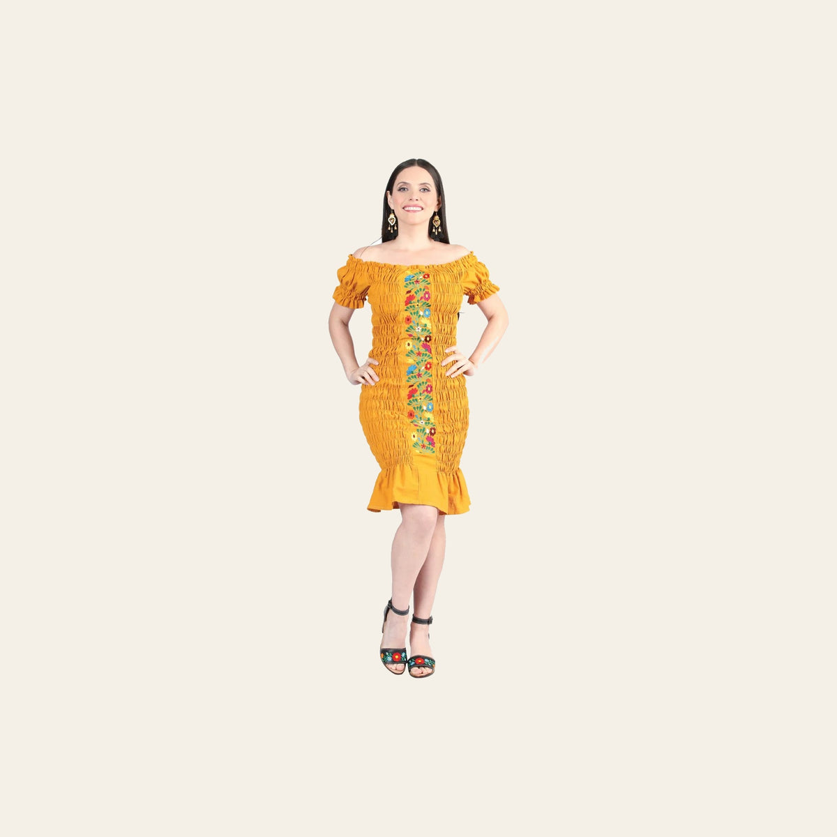 Artisanal Embroidered Dress 100% Cotton Mustard 604008 on a warm cream background