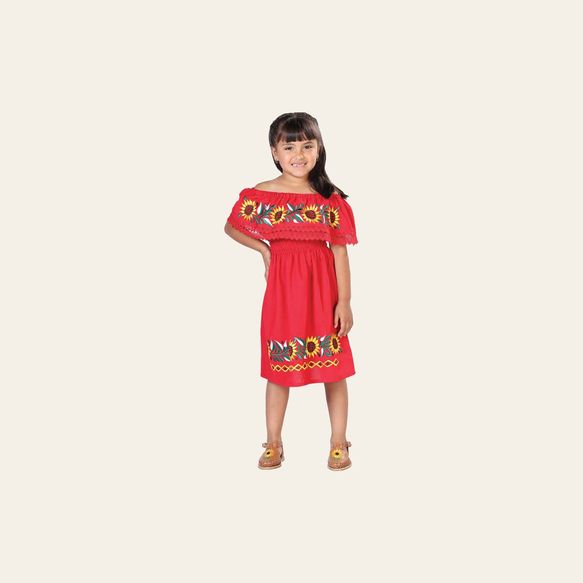 Artisanal Embroidered Dress 100% Cotton Red 603086 on a warm cream background