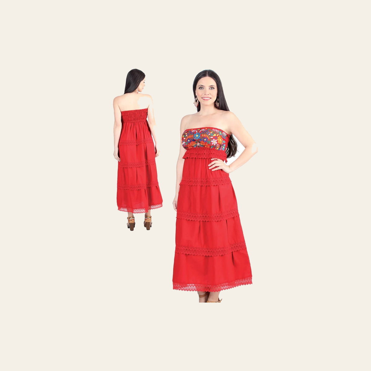Artisanal Embroidered Dress 100% Cotton Red 604001 on a warm cream background