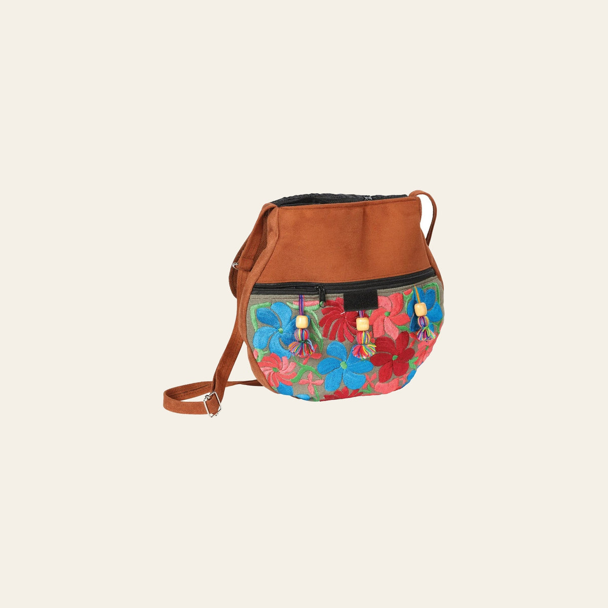Artisanal Embroidered Handbag Suede Multicolor 602916 on a warm cream background
