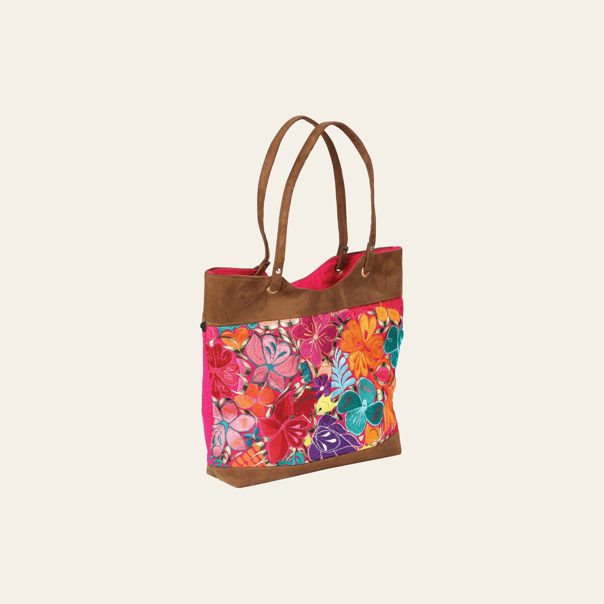 Artisanal Embroidered Handbag Suede Multicolor 602922 on a warm cream background