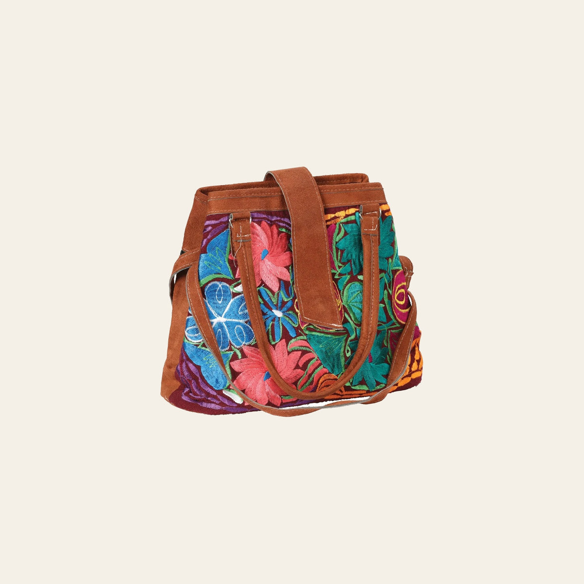 Artisanal Embroidered Handbag Suede Multicolor 602923 on a warm cream background