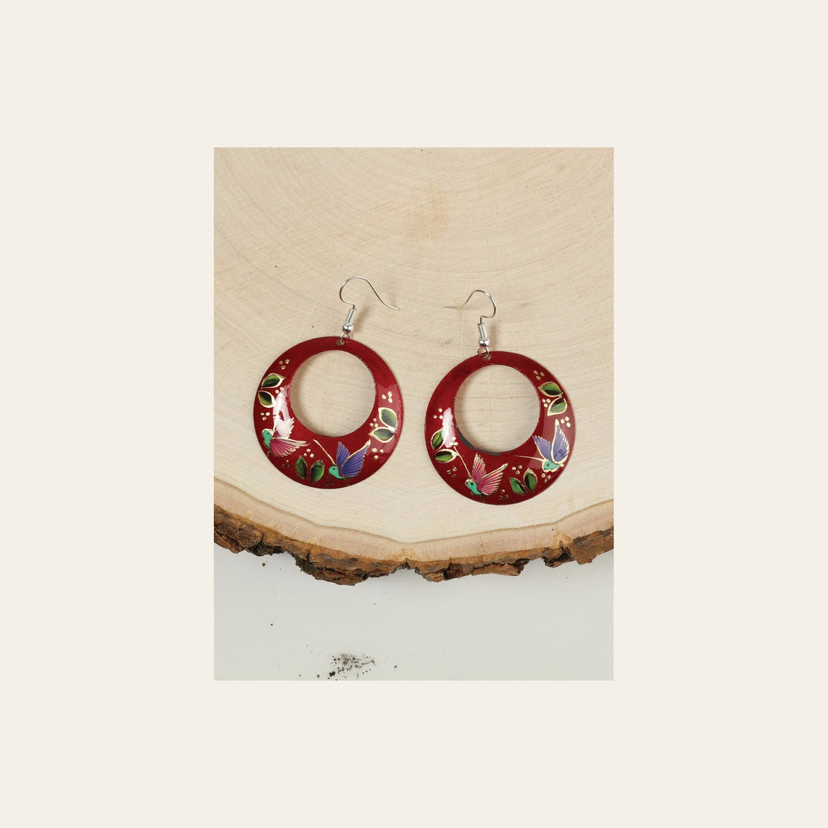 Artisanal Hand Painted Earrings 1.5" Copper Red 603446 on a warm cream background