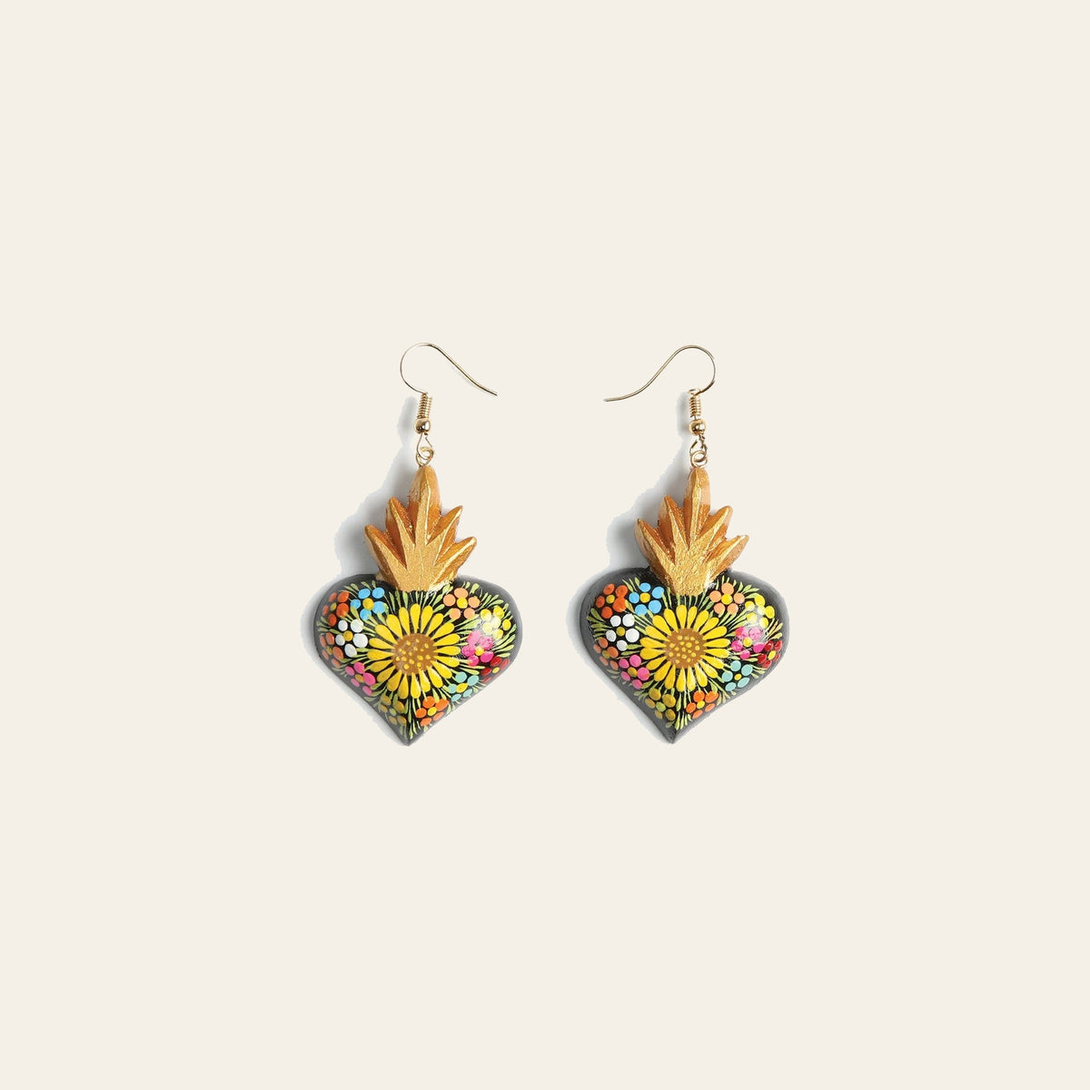Artisanal Hand Painted Earrings Black 603976 on a warm cream background