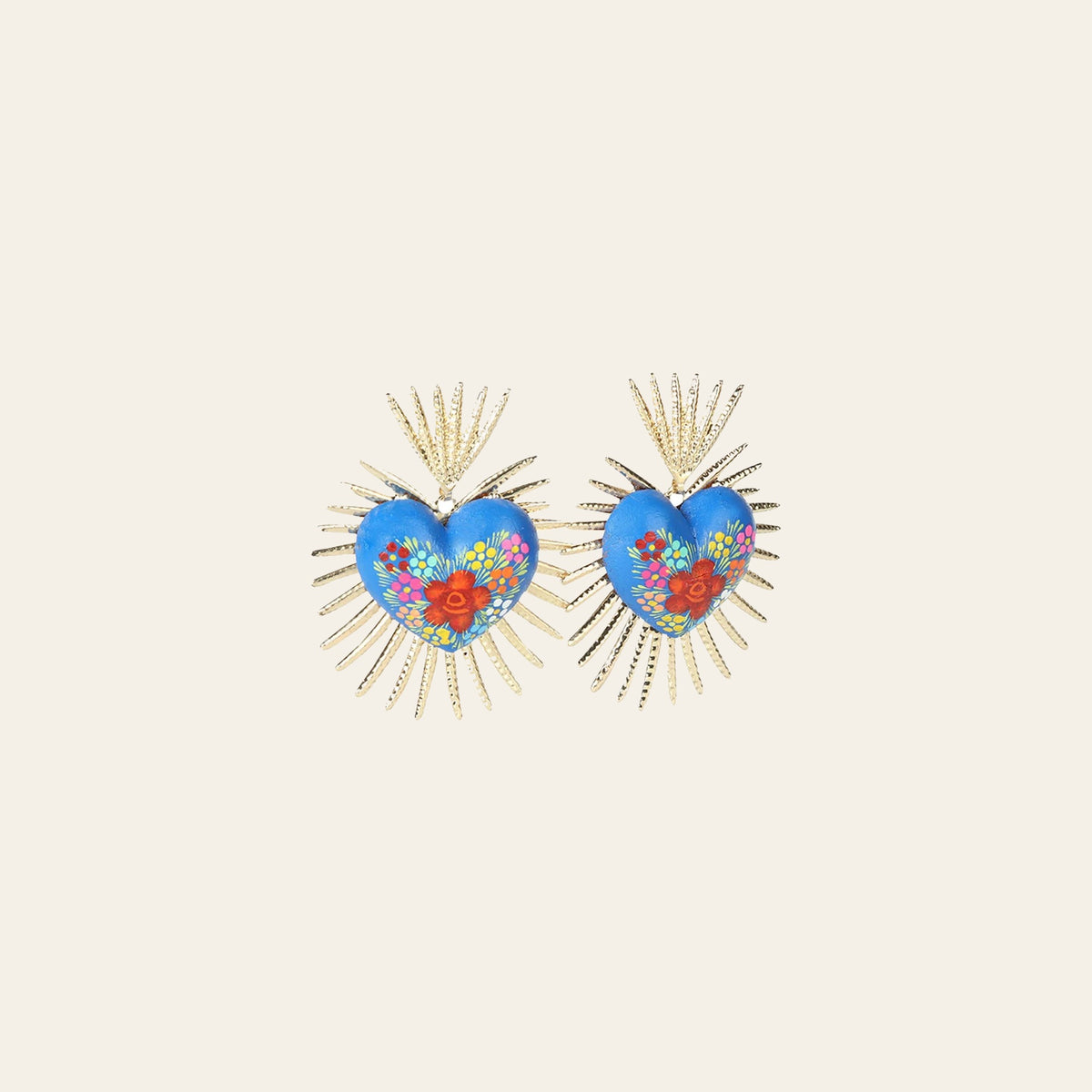 Artisanal Hand Painted Earrings Blue 603971 on a warm cream background