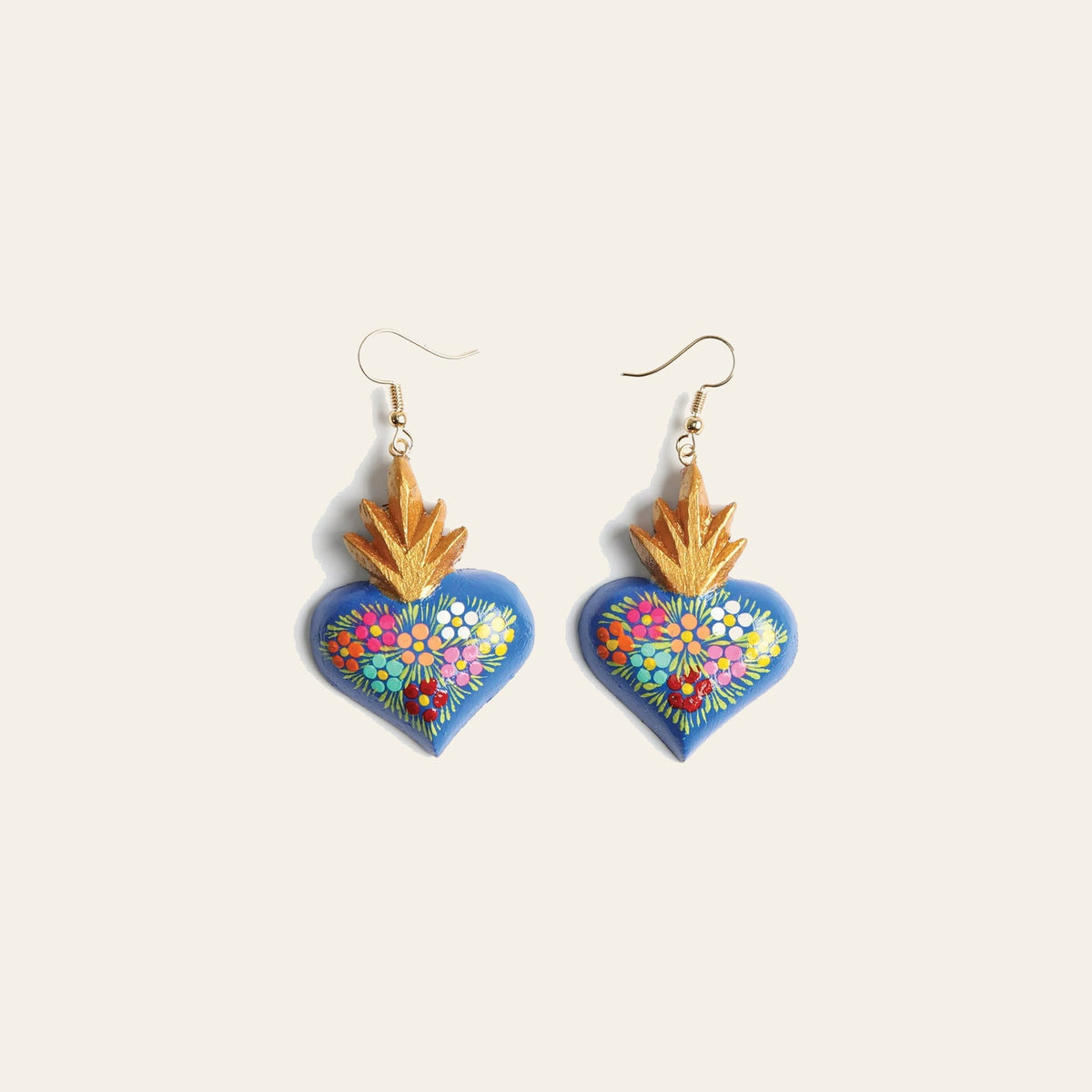 Artisanal Hand Painted Earrings Blue 603975 on a warm cream background