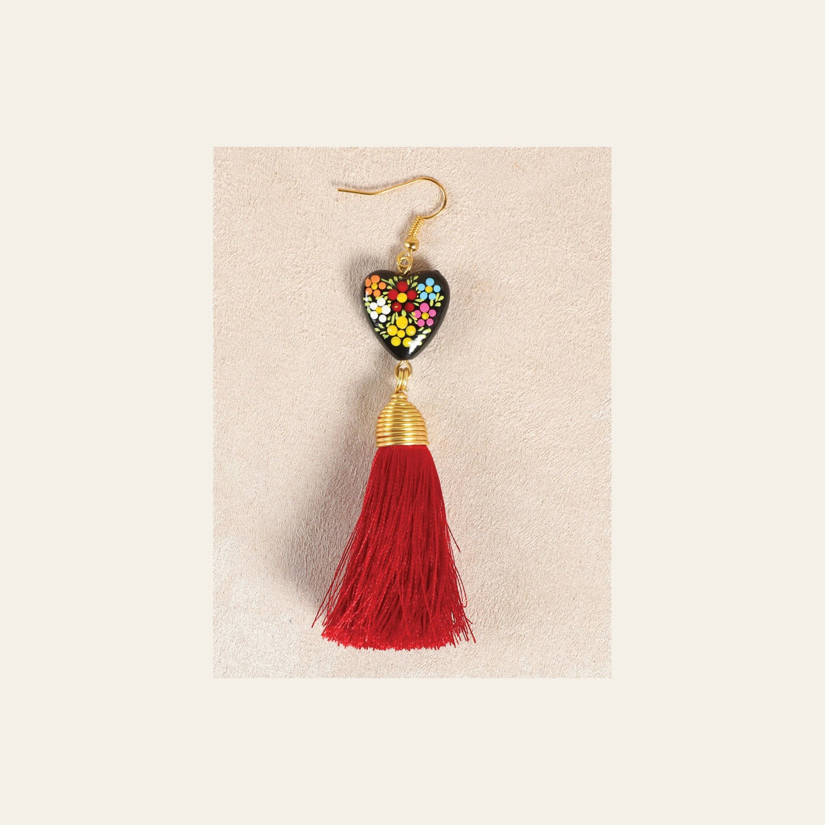 Artisanal Hand Painted Earrings Red 602162 on a warm cream background