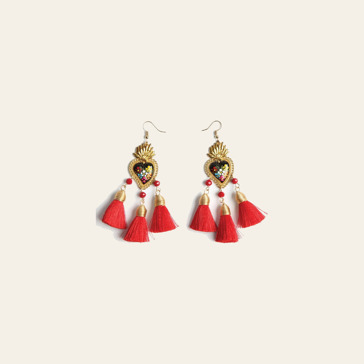 Artisanal Hand Painted Earrings Red 603973 on a warm cream background
