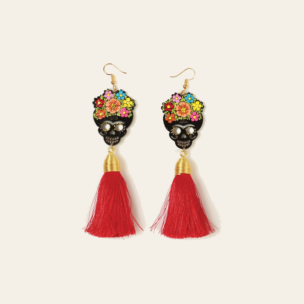 Artisanal Hand Painted Earrings Wood-Silk Thread Red 602941 on a warm cream background