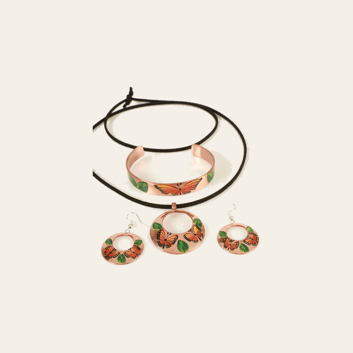 Artisanal Hand Painted Set Earrings-Necklace-Bracelet Copper 603402 on a warm cream background