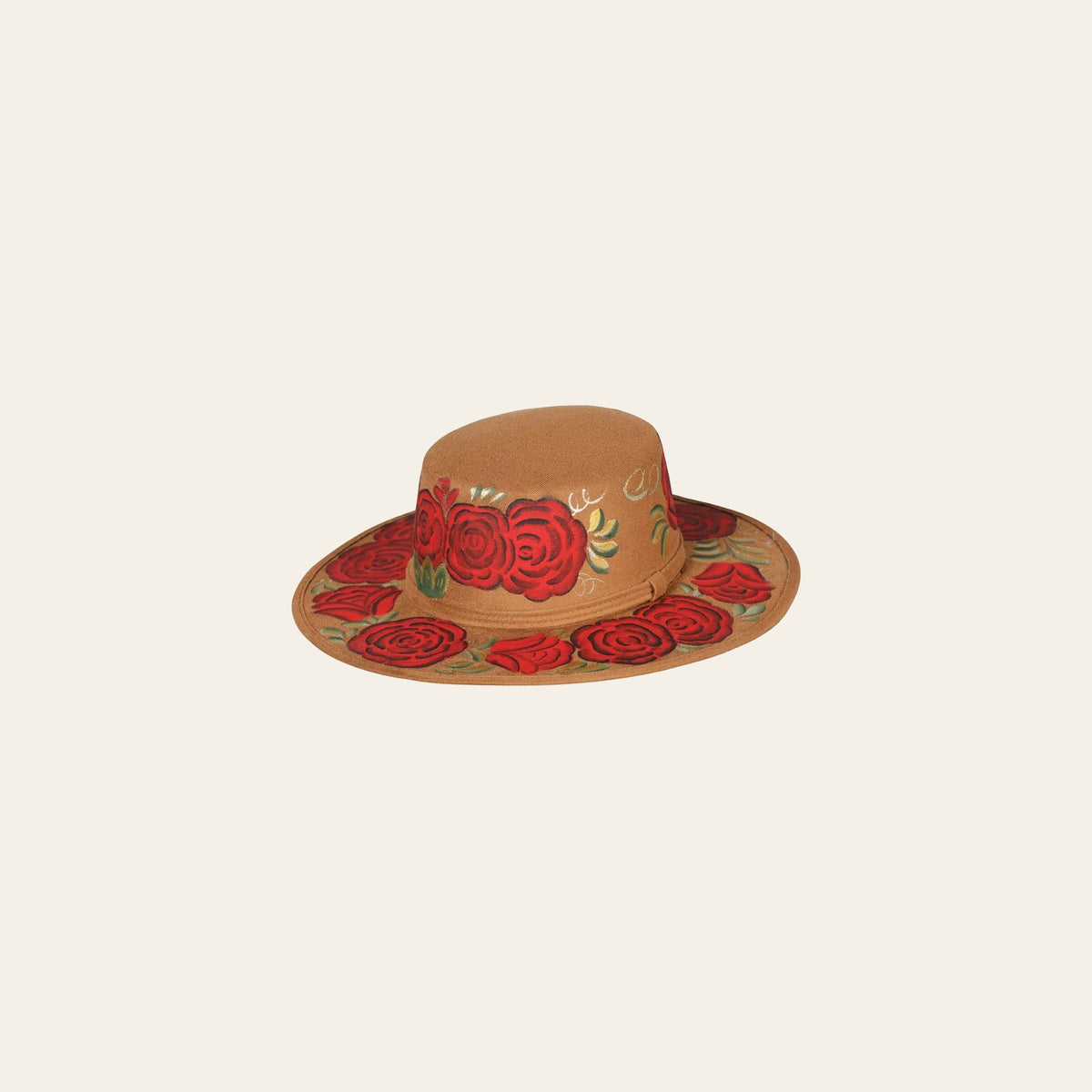 Artisanal Mexican Hand-Painted Suede Hat - Camel with Red Roses 603721 on a warm cream background