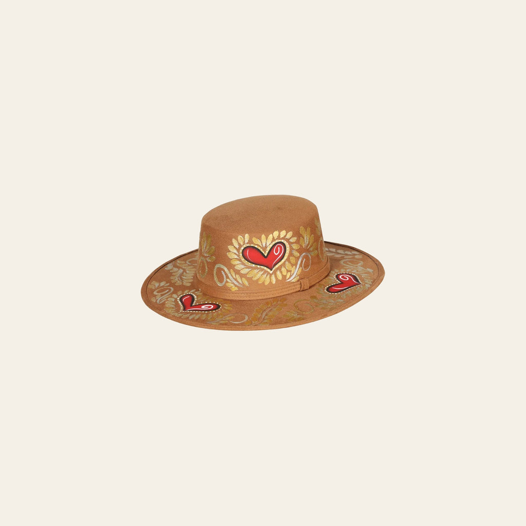 Artisanal Mexican Hand-Painted Suede Hat - Camel with Red & Gold Heart 603723 on a warm cream background