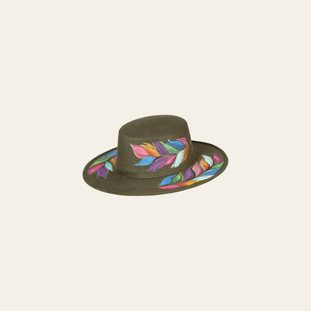 Artisanal Mexican Hand-Painted Suede Hat - Olive 603730 on a warm cream background