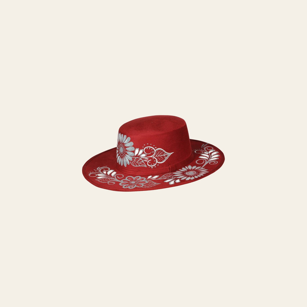 Artisanal Mexican Hand-Painted Suede Hat - Wine & White Floral 603727 on a warm cream background