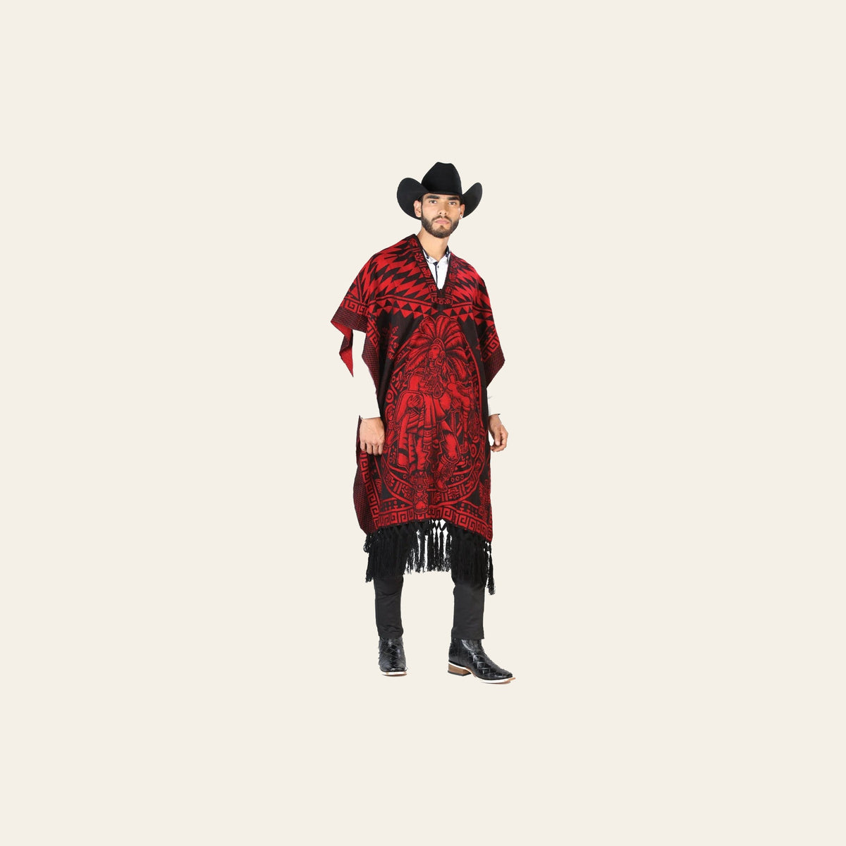 Artisanal Mexican Poncho 92% Acylic, 8% Polyester Black/Red 603836 on a warm cream background