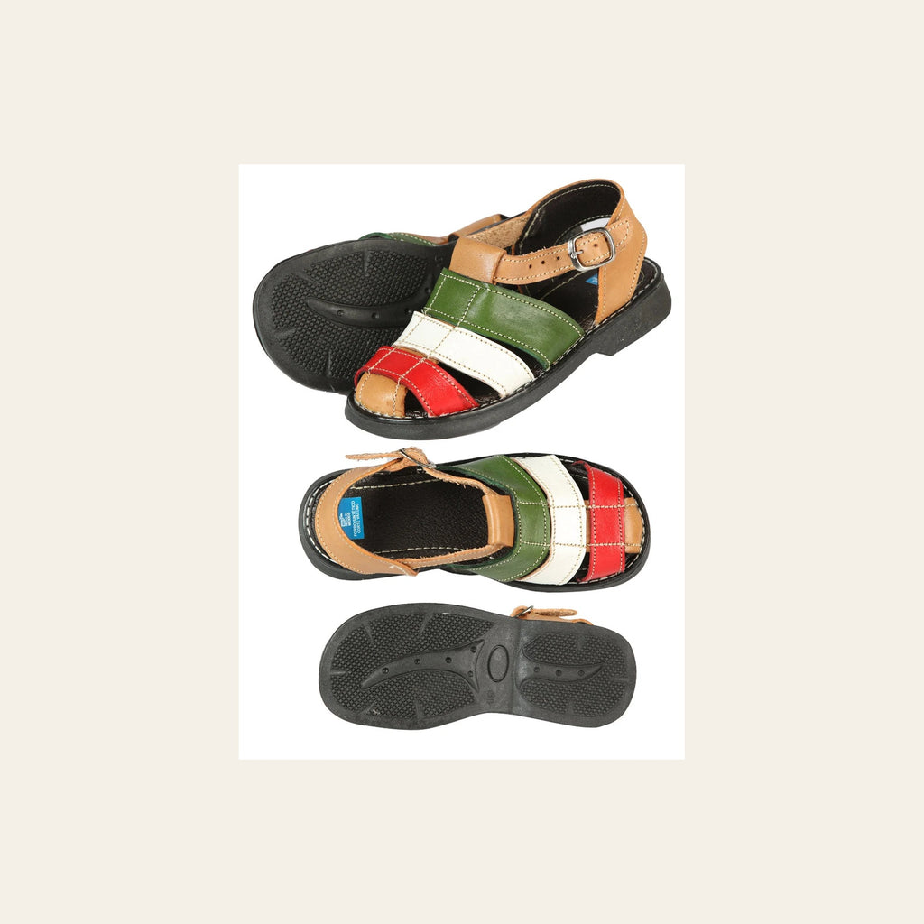 Artisanal Mexican Sandals Leather Tricolor 603944 on a warm cream background