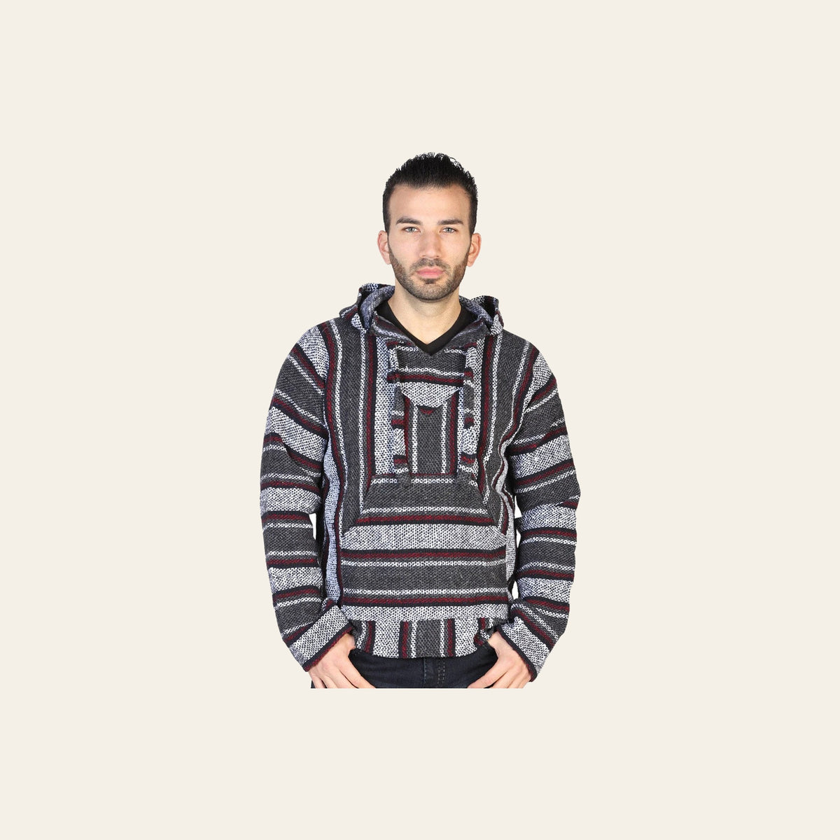 Artisanal Mexican Sweatshirt 100% Acrylan Gray 602556 on a warm cream background