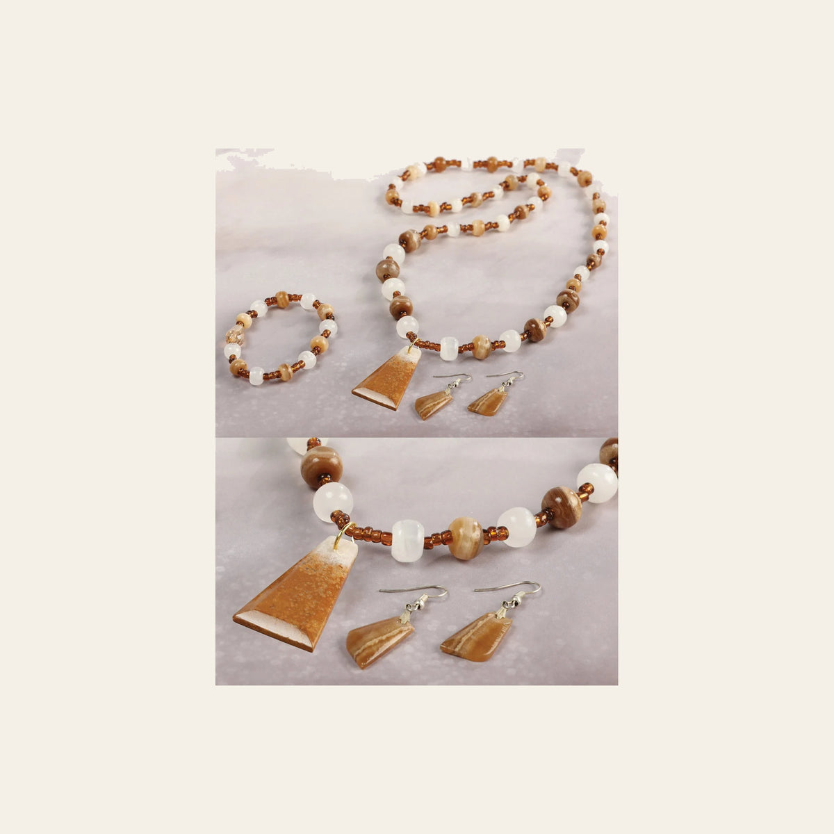Artisanal Set Earrings-Necklace-Bracelet Onyx Stone Brown/Caramel 603145 on a warm cream background
