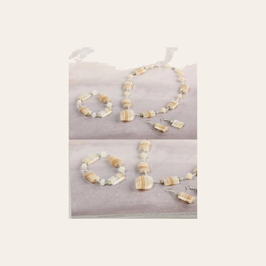Artisanal Set Earrings-Necklace-Bracelet Onyx Stone Natural/Caramel 603144 on a warm cream background