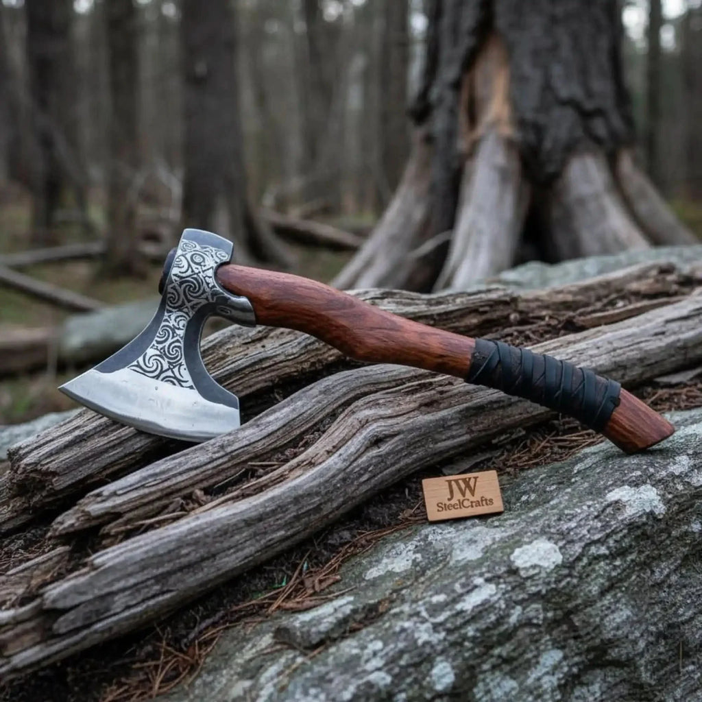 Hand-Engraved Nordic Hatchet, Polished Carbon Steel Head, Curved Hardwood Handle | JW SteelCrafts