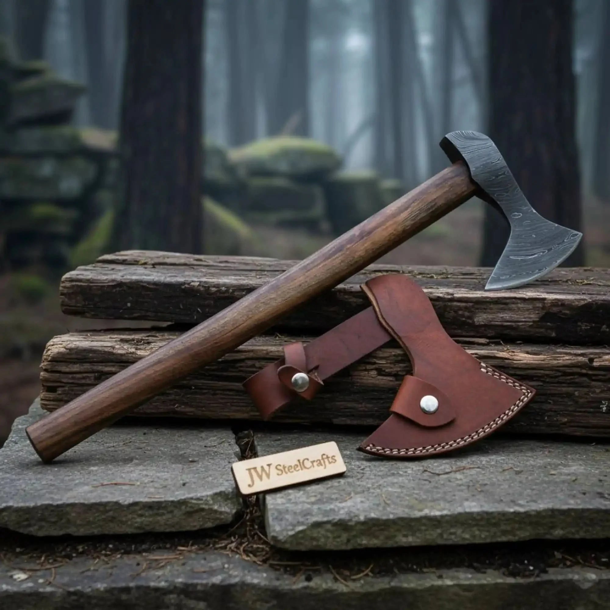 Damascus Long Handle Camp Axe with Forged Bearded Head