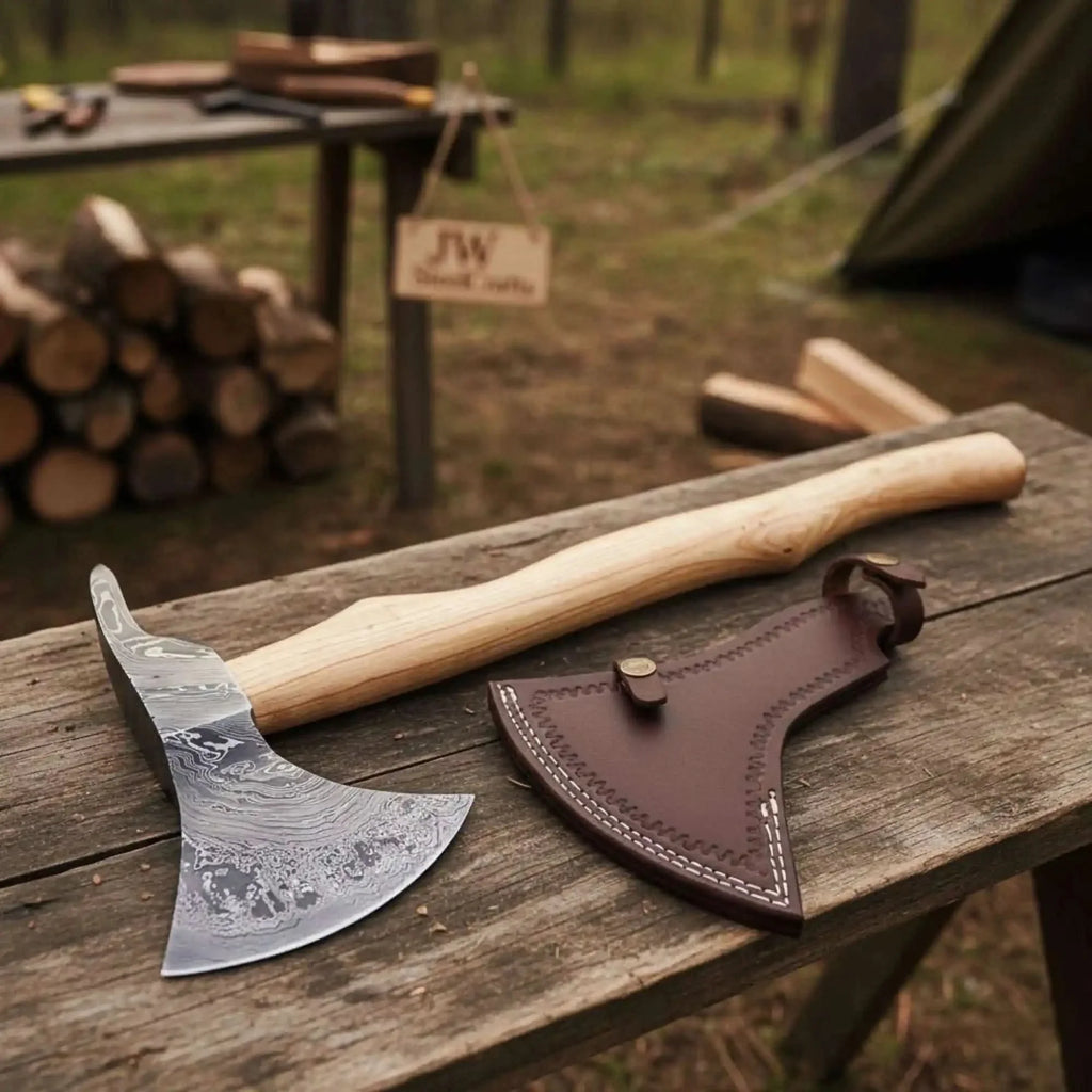 Damascus Camping Axe with 22 Inch Ash Handle – Hand Forged Bushcraft Axe with Leather Sheath | JW SteelCrafts