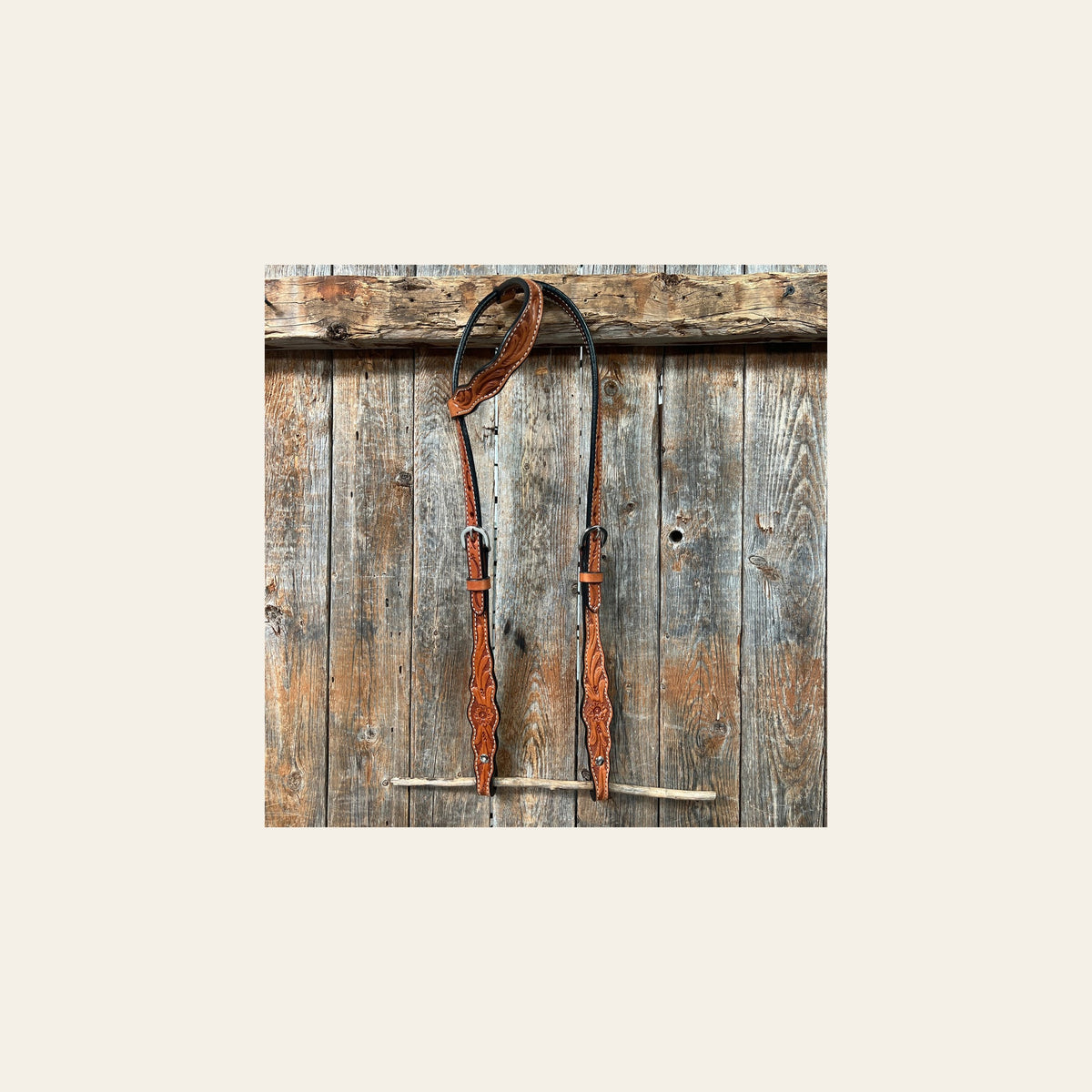 Floral Scalloped Light Oil One Ear Headstall / Bridle on a warm cream background