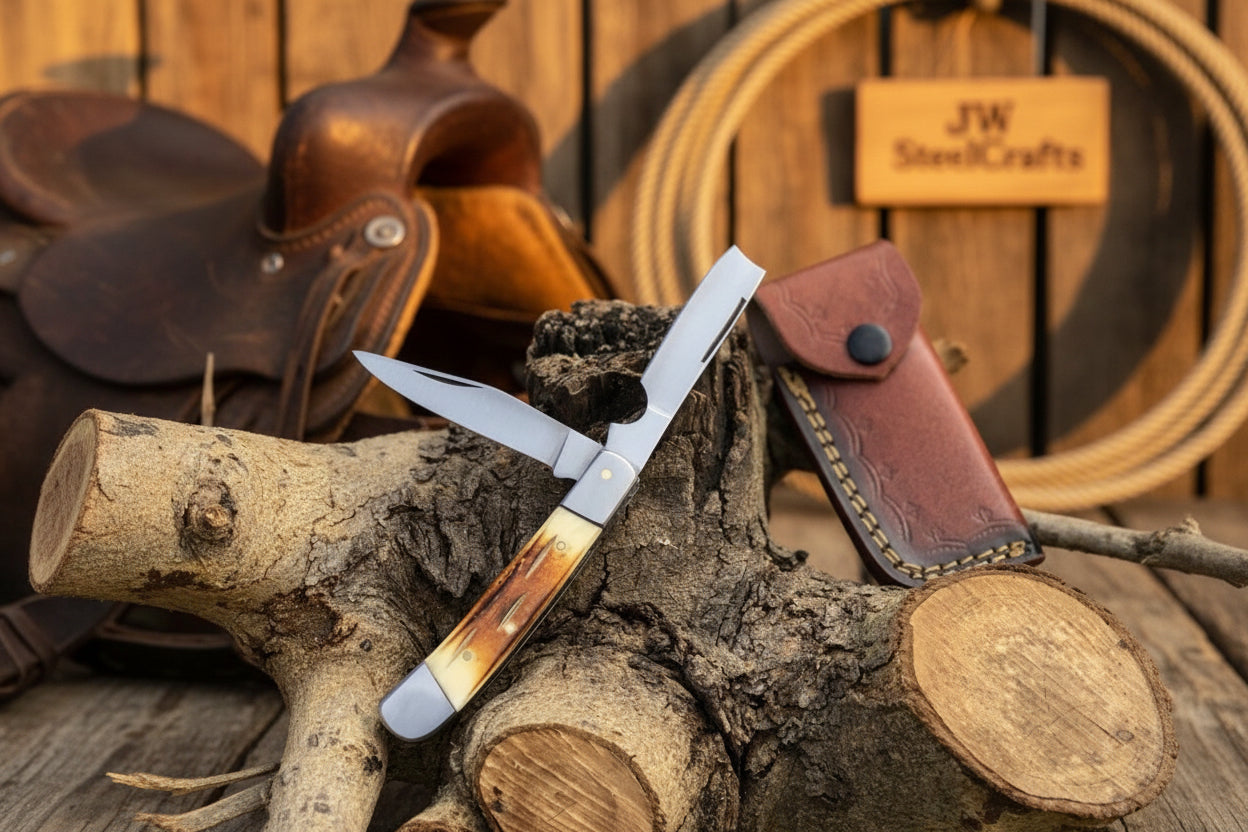 Razor Trapper Knife with Burned Bone Handle and Steel Bolsters